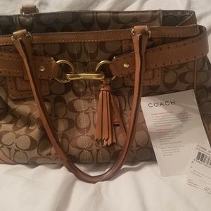 Coach Brown Signature Canvas Shoulder Bag with Tan Leather Trim